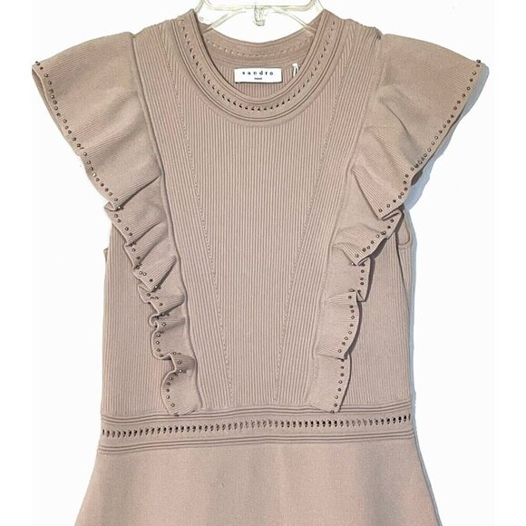 SANDRO PARIS Tilla Pink Blush Ruffle-Trim Embellished Rib-Knit Mini Dress - Picture 7 of 13